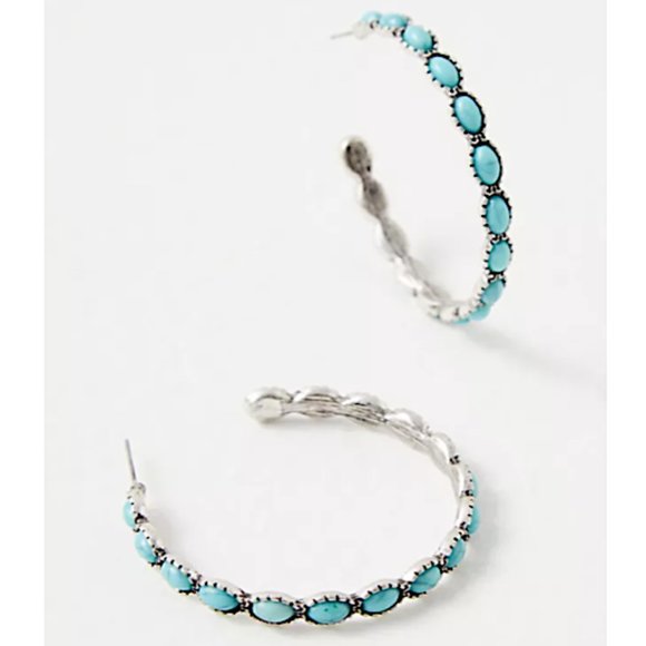 NEW ~ Free People Turquoise Stone "Buckaroo Hoops" Silver Earrings - Picture 1 of 16